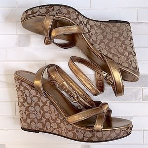 Coach Signature Logo Canvas Bronze Metallic Leather Wedge Heels Size 6